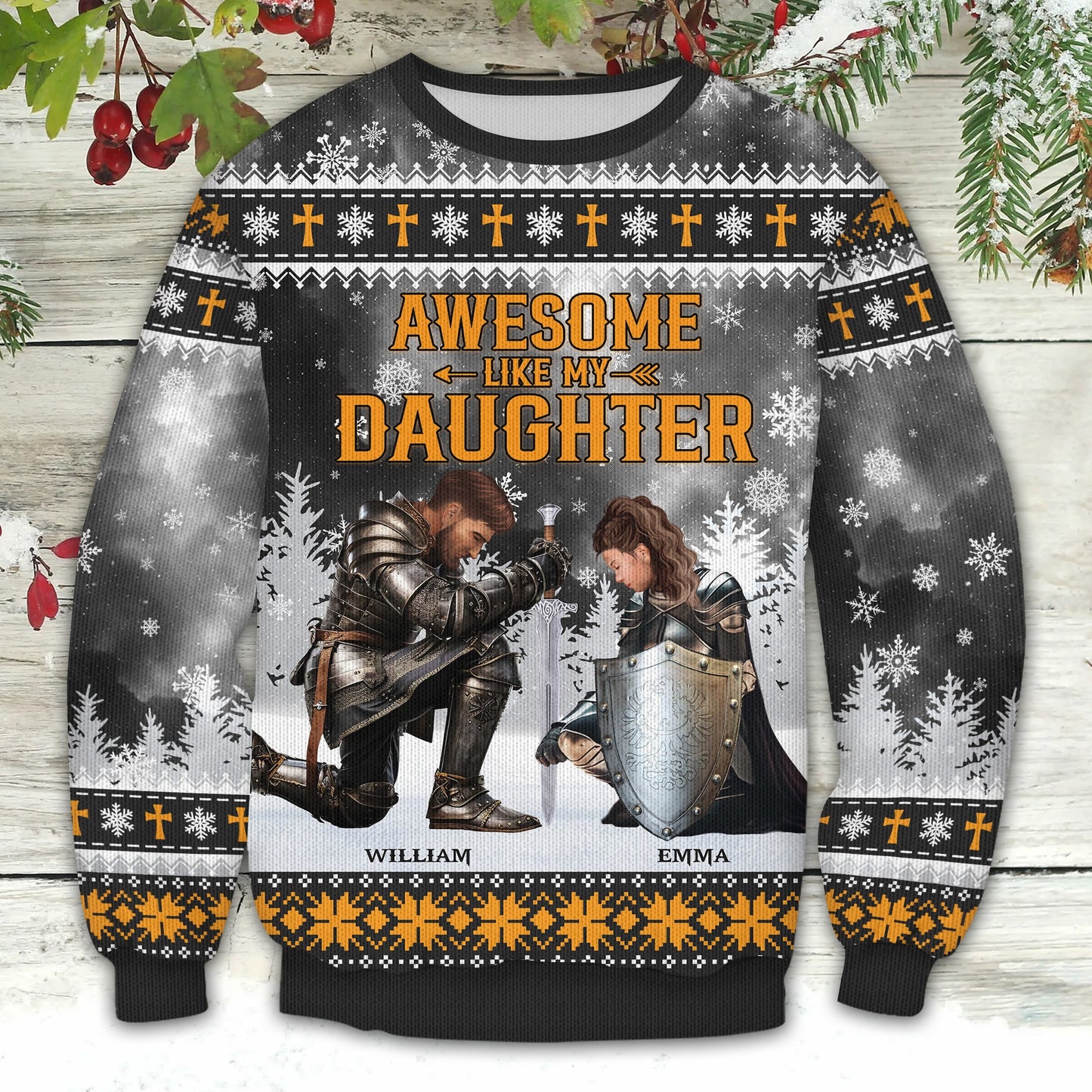 Personalized Dad And Daughter Warrior Of God, Awesome Like My Daughter Christmas Ugly Sweatshirt