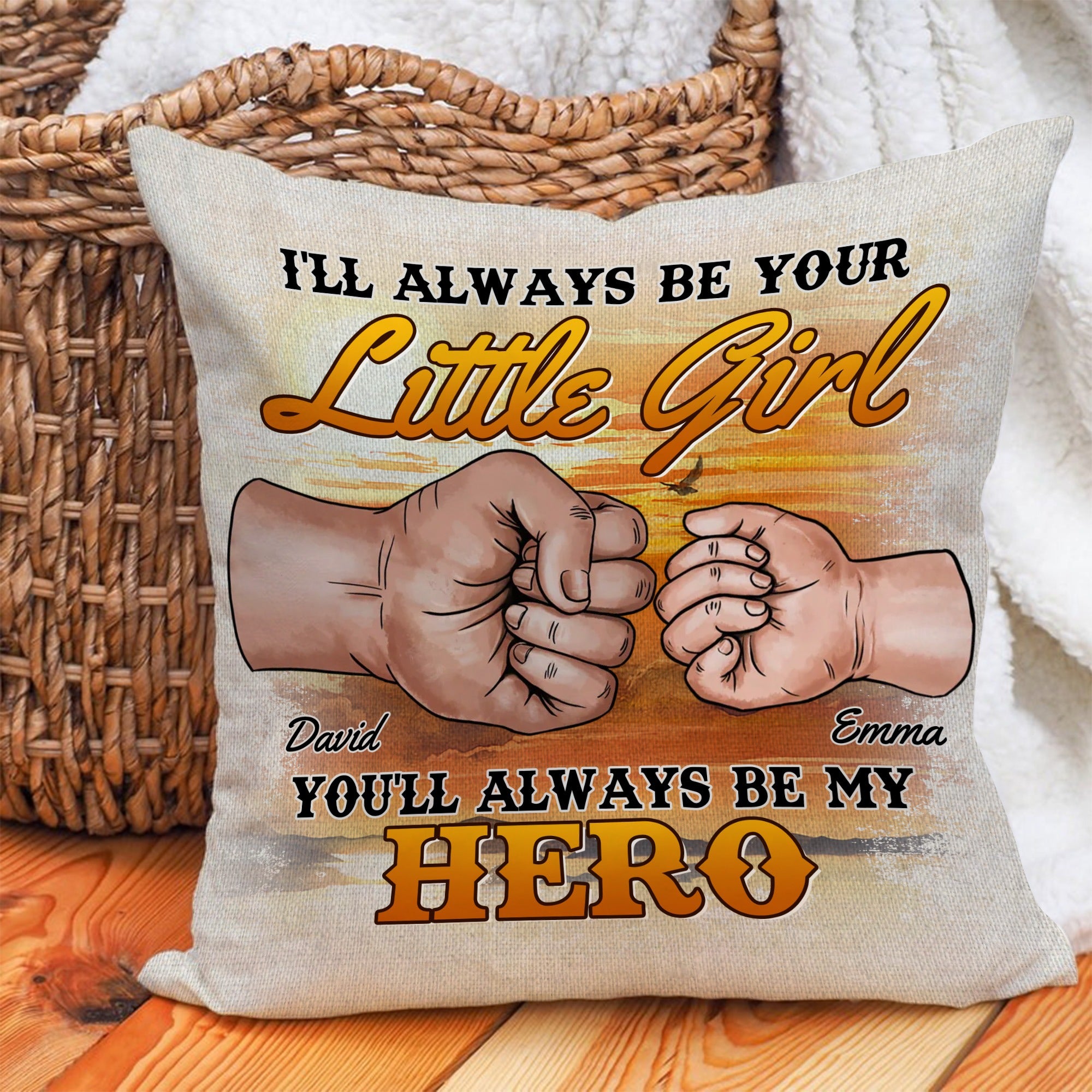 Personalized Dad Fist Bump Hand, I Will Always Be Your Little Girl You Will Always Be My Hero Canvas Throw Pillow