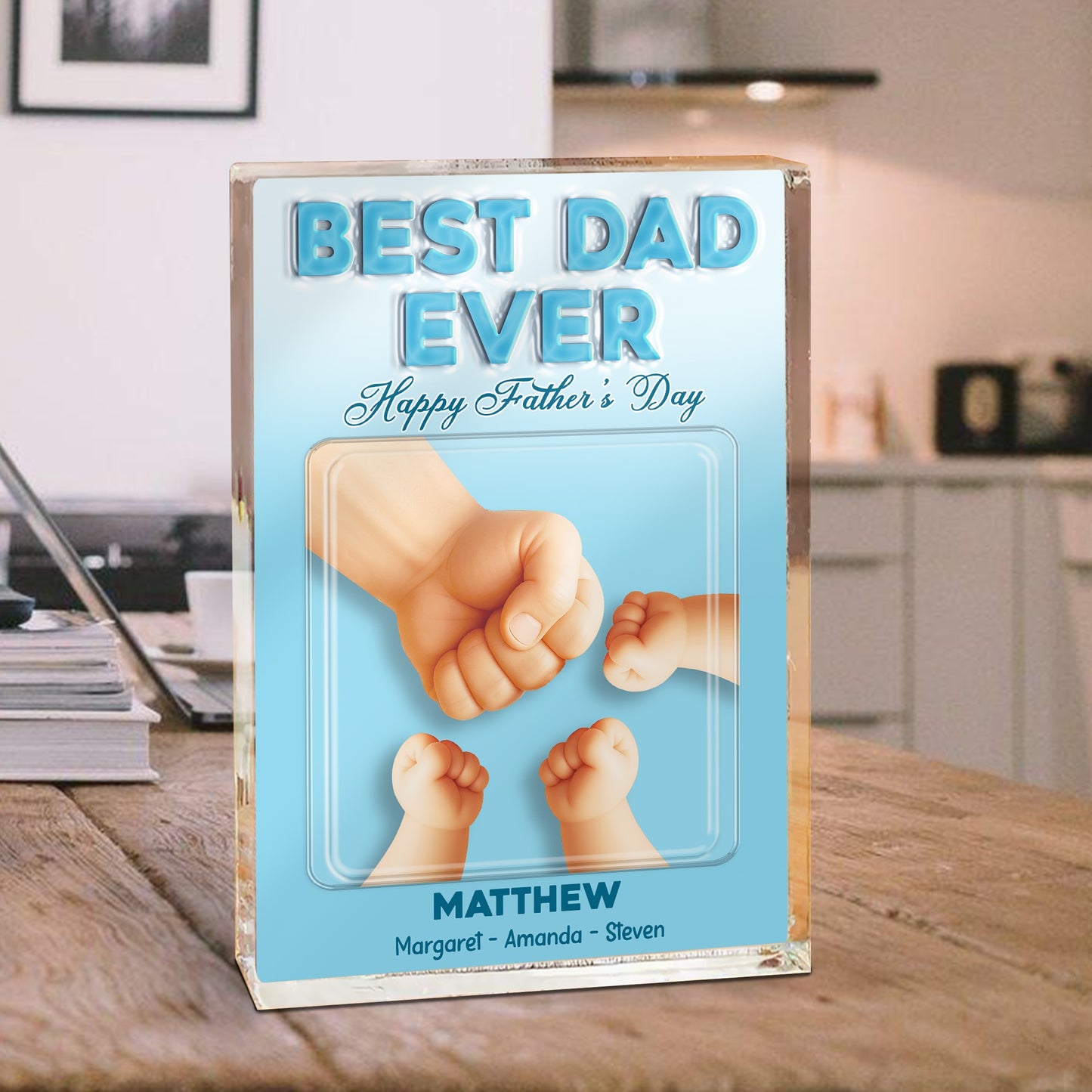 Personalized Dad and Kids Holding Hands Best Dad Ever, Happy Fathers Day Acrylic Block Plaque