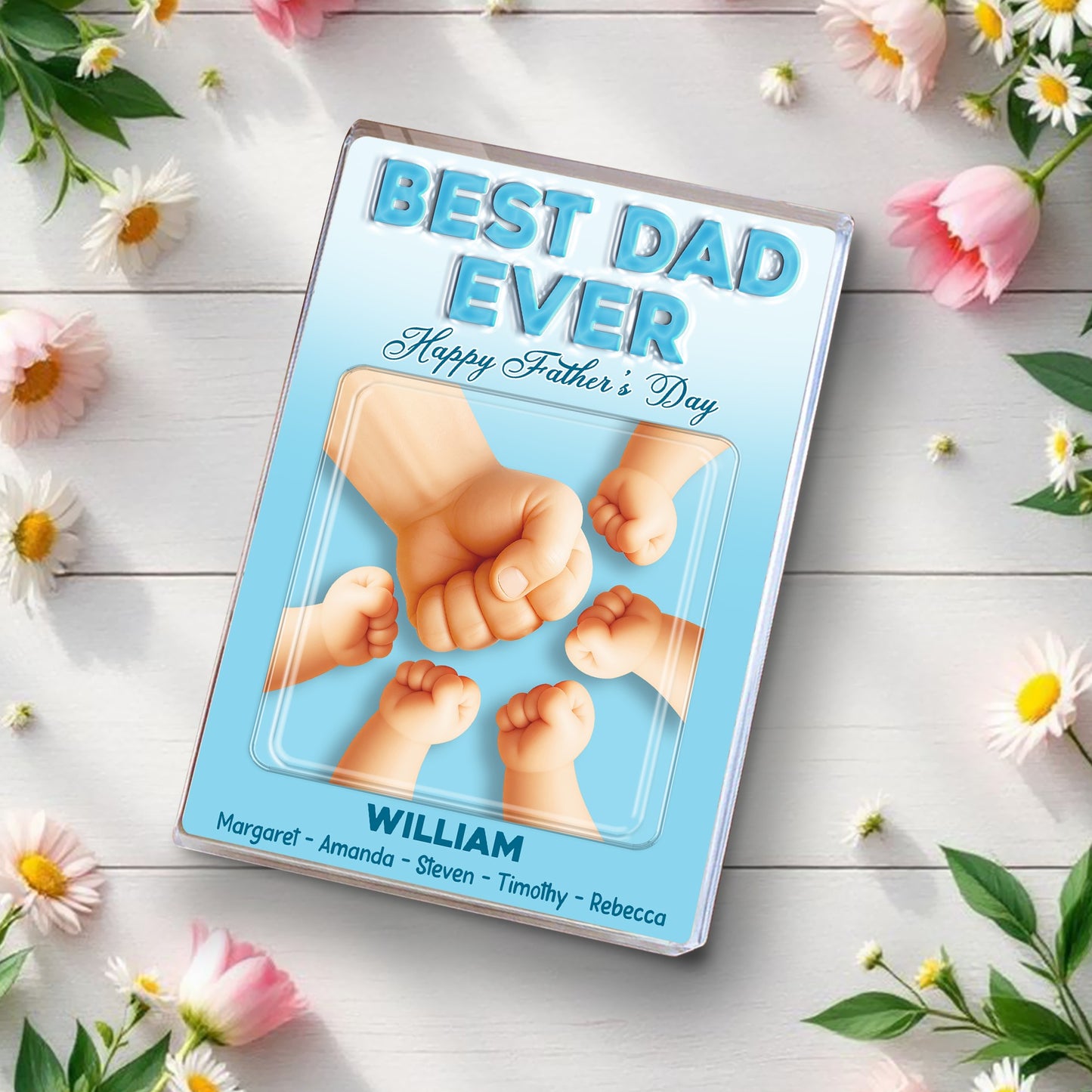 Personalized Dad and Kids Holding Hands Best Dad Ever, Happy Fathers Day Acrylic Block Plaque