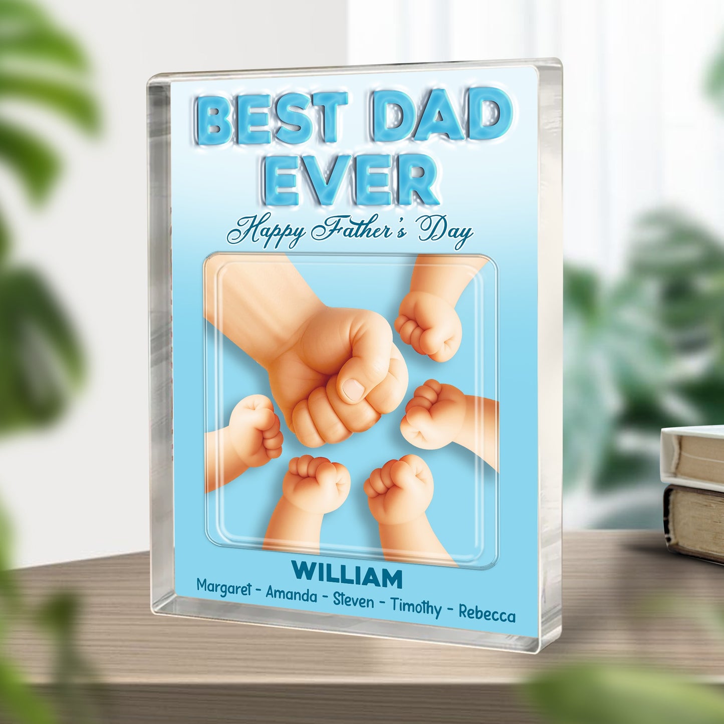 Personalized Dad and Kids Holding Hands Best Dad Ever, Happy Fathers Day Acrylic Block Plaque