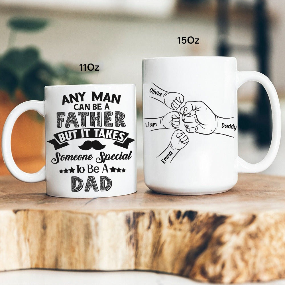 Personalized Daddy And Kid Bump Hands, Any Man Can Be A Father White Mug