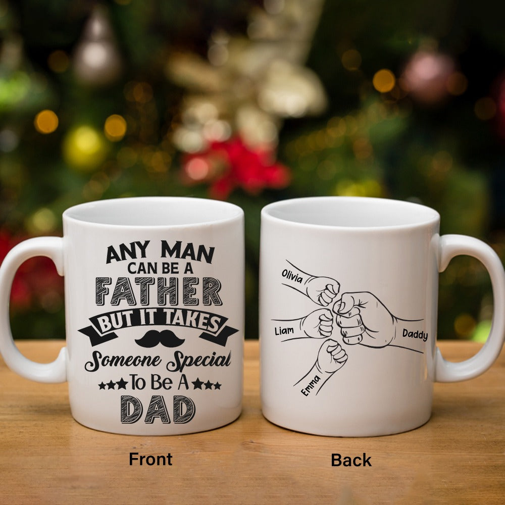 Personalized Daddy And Kid Bump Hands, Any Man Can Be A Father White Mug