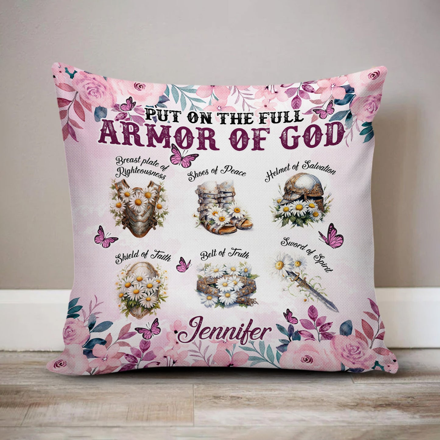 Personalized Daisy Flower Put On The Full Armor Of God-Ephesians 6:10 Canvas Throw Pillow