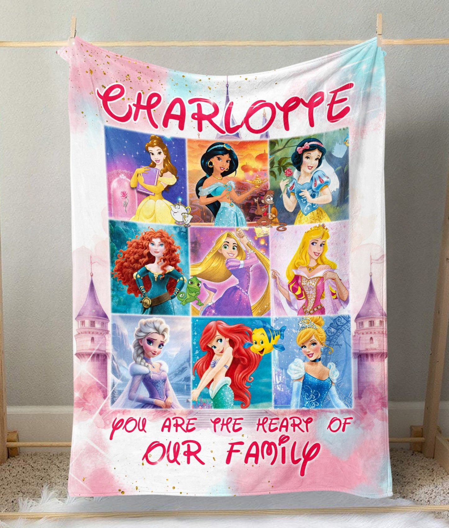 Personalized Daughter's Princess Watercolor Name You Are The Heart Of Our Family Blanket