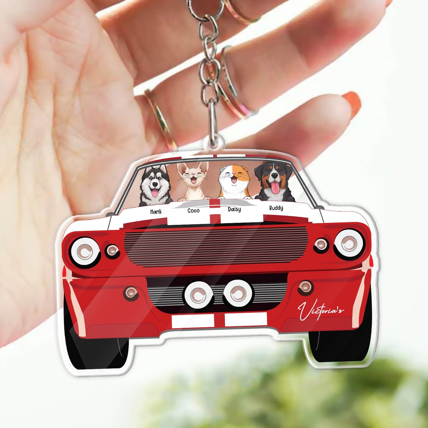 Personalized Dog And Cat With Mustang Car, Custom Mustang Pet Lover Acrylic Keychain