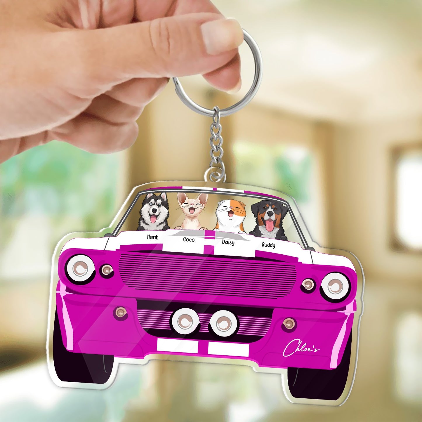 Personalized Dog And Cat With Mustang Car, Custom Mustang Pet Lover Acrylic Keychain