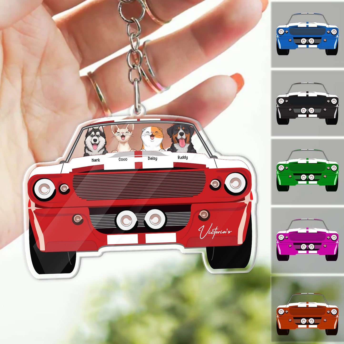 Personalized Dog And Cat With Mustang Car, Custom Mustang Pet Lover Acrylic Keychain