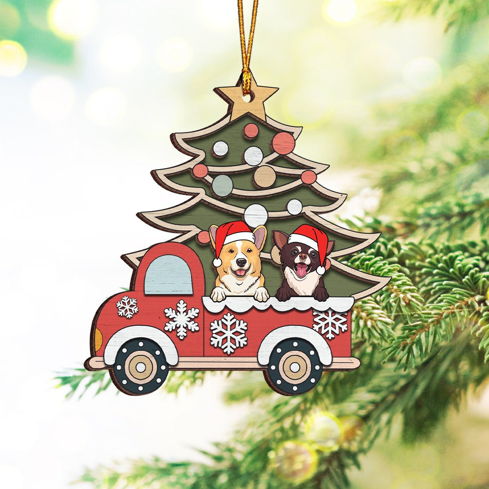 Personalized Dog And Cat With Red Santa Car Happy Christmas 2-Layer Wooden Ornament