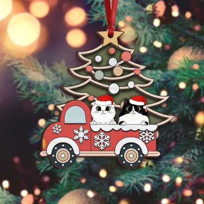 Personalized Dog And Cat With Red Santa Car Happy Christmas 2-Layer Wooden Ornament