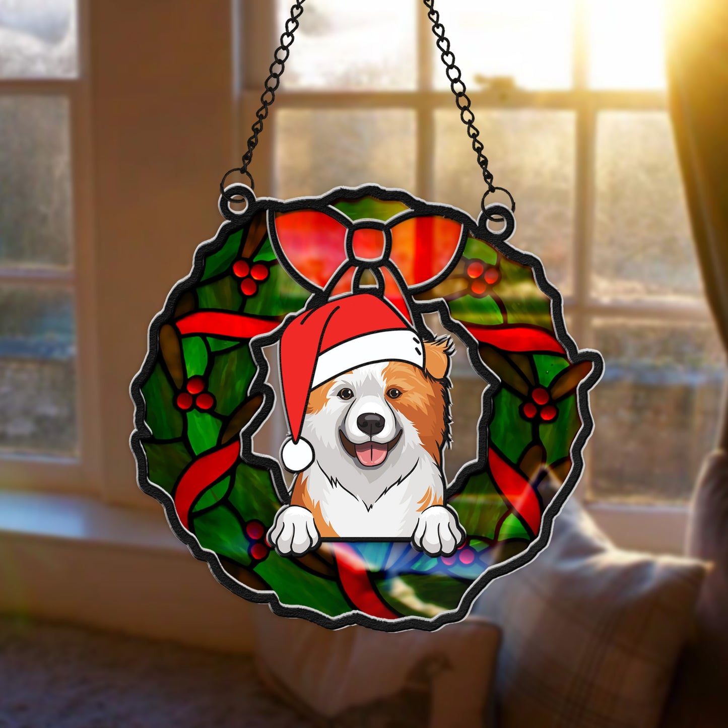 Personalized Dog Christmas Wreath Hanging Suncatcher Ornament