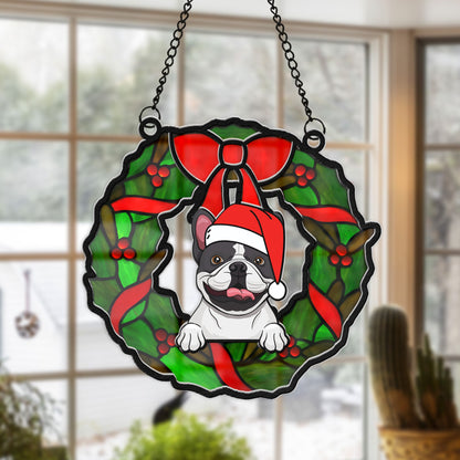 Personalized Dog Christmas Wreath Hanging Suncatcher Ornament