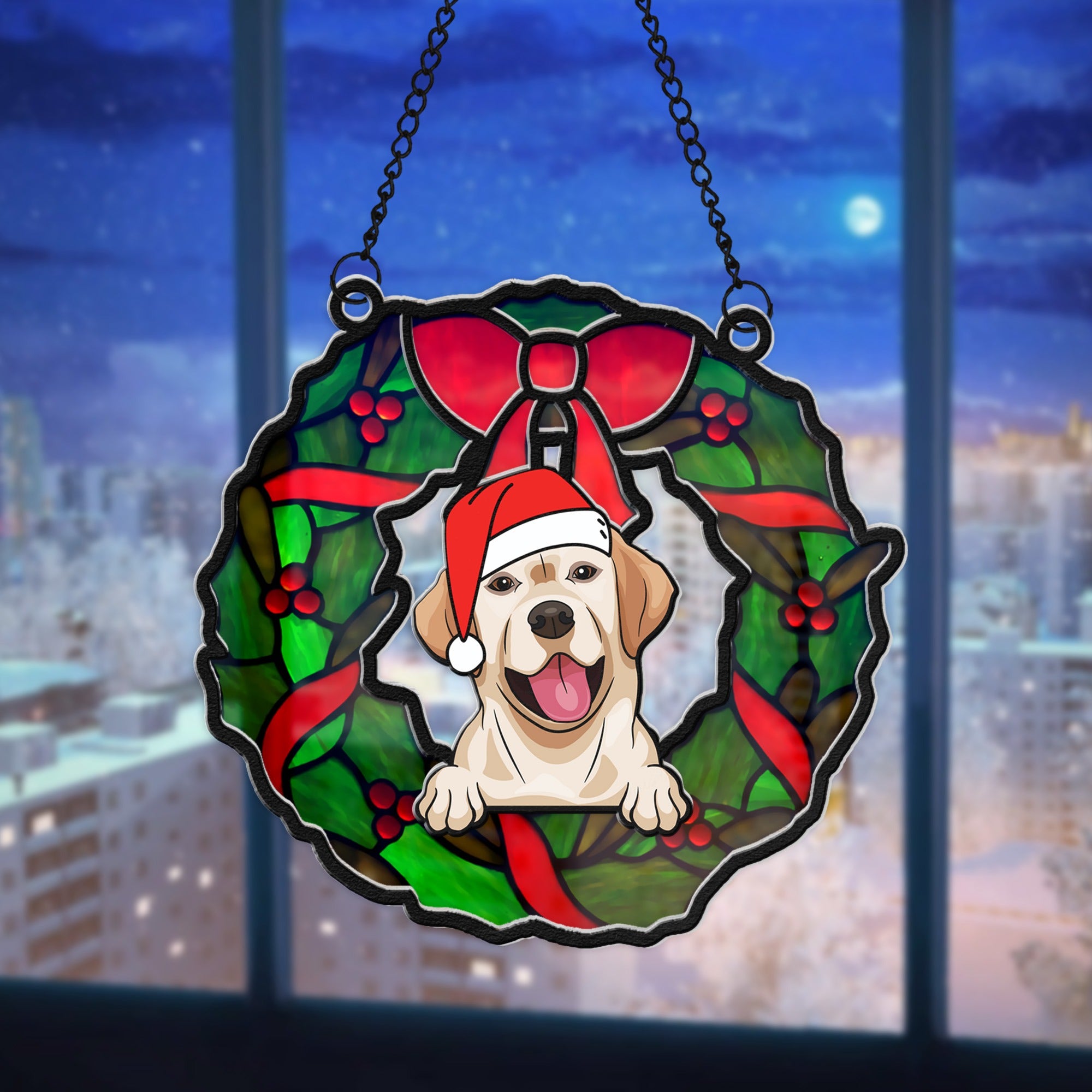 Personalized Dog Christmas Wreath Hanging Suncatcher Ornament