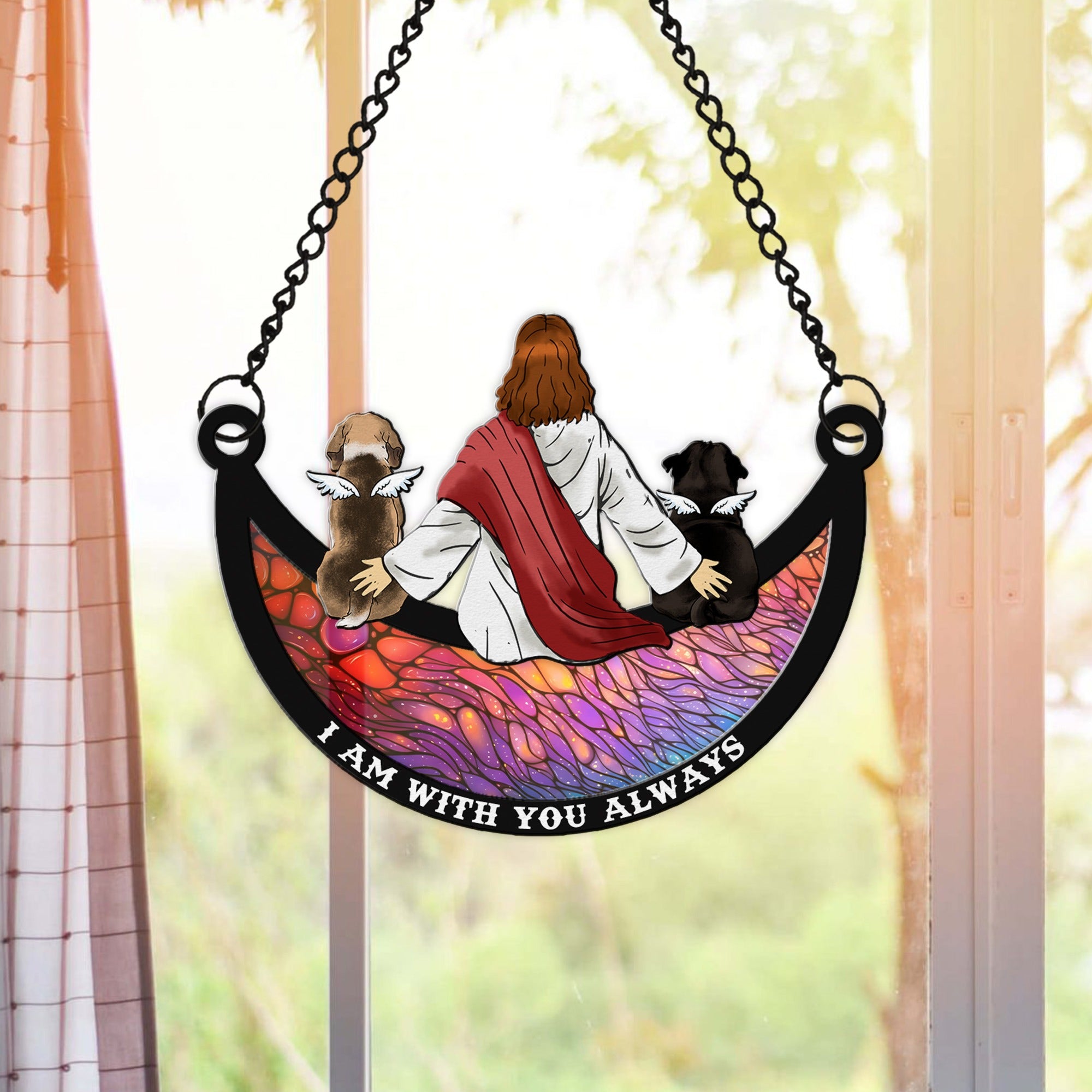 Personalized Dog Memorial With Jesus I Am With You Alway Hanging Suncatcher Ornament