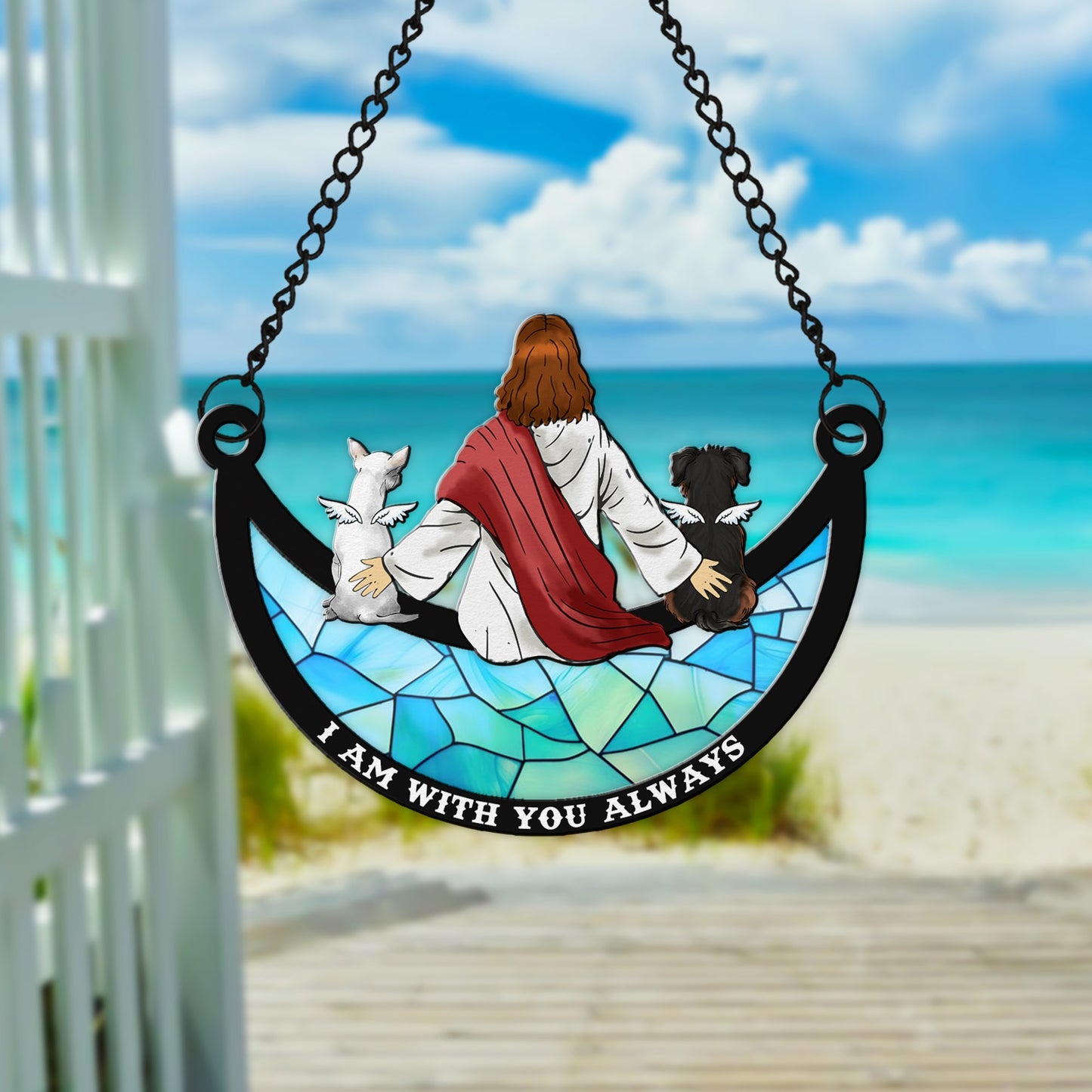 Personalized Dog Memorial With Jesus I Am With You Alway Hanging Suncatcher Ornament