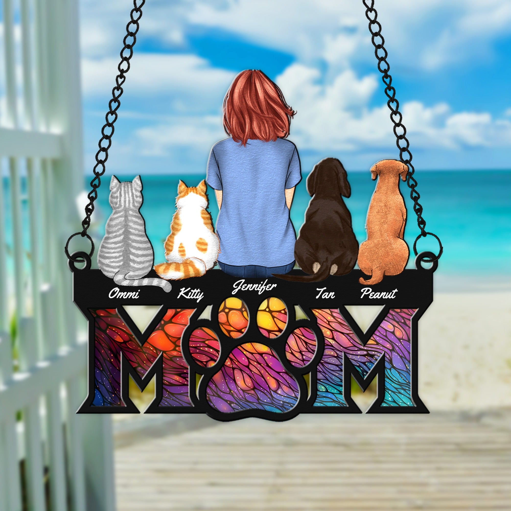 Personalized Dog Mom Cat Mom, Custom Girl with Cat and Dog Hanging Suncatcher Ornament