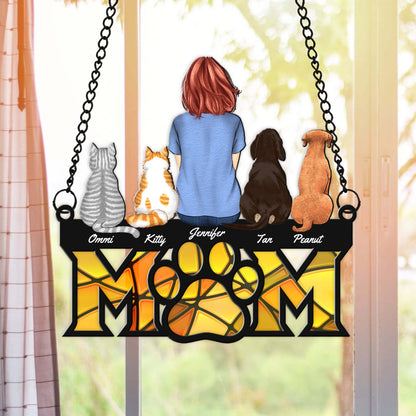 Personalized Dog Mom Cat Mom, Custom Girl with Cat and Dog Hanging Suncatcher Ornament