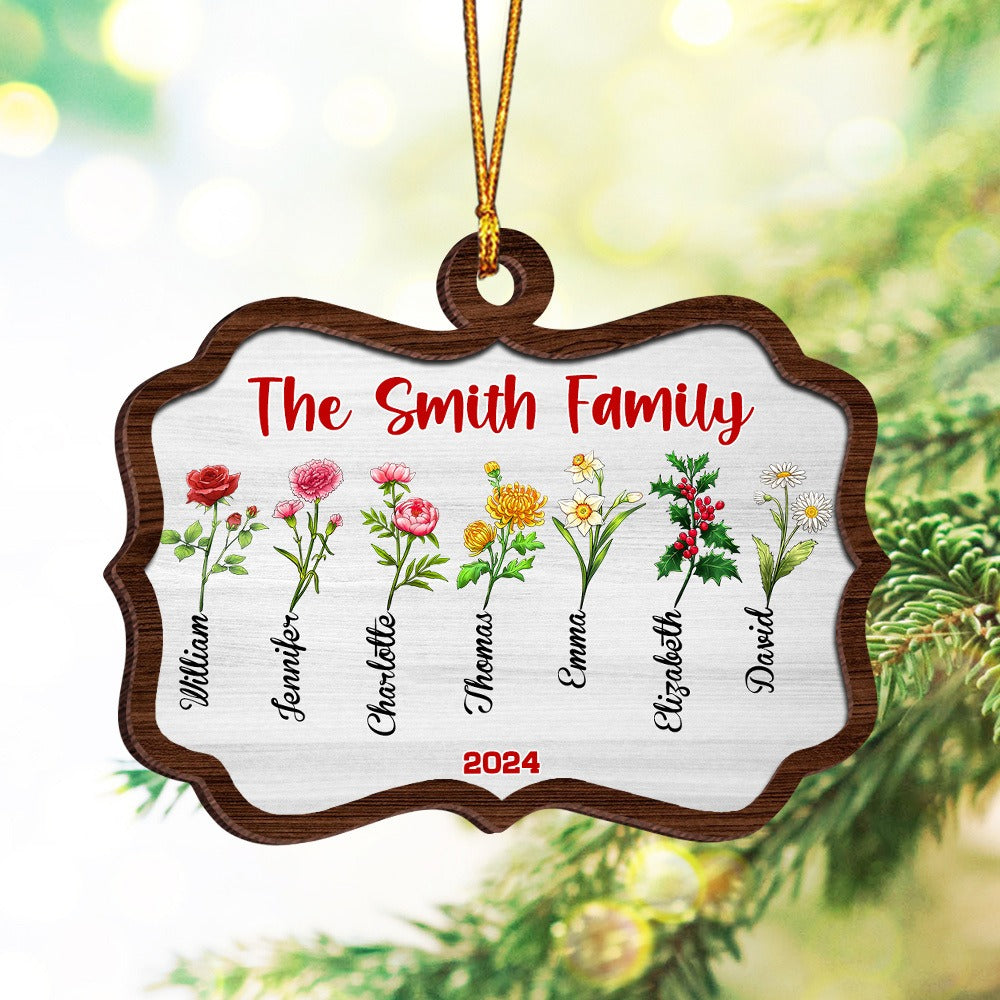 Personalized Family Birth Month Flower, Family Flower Christmas 2-Layer Wooden Ornament