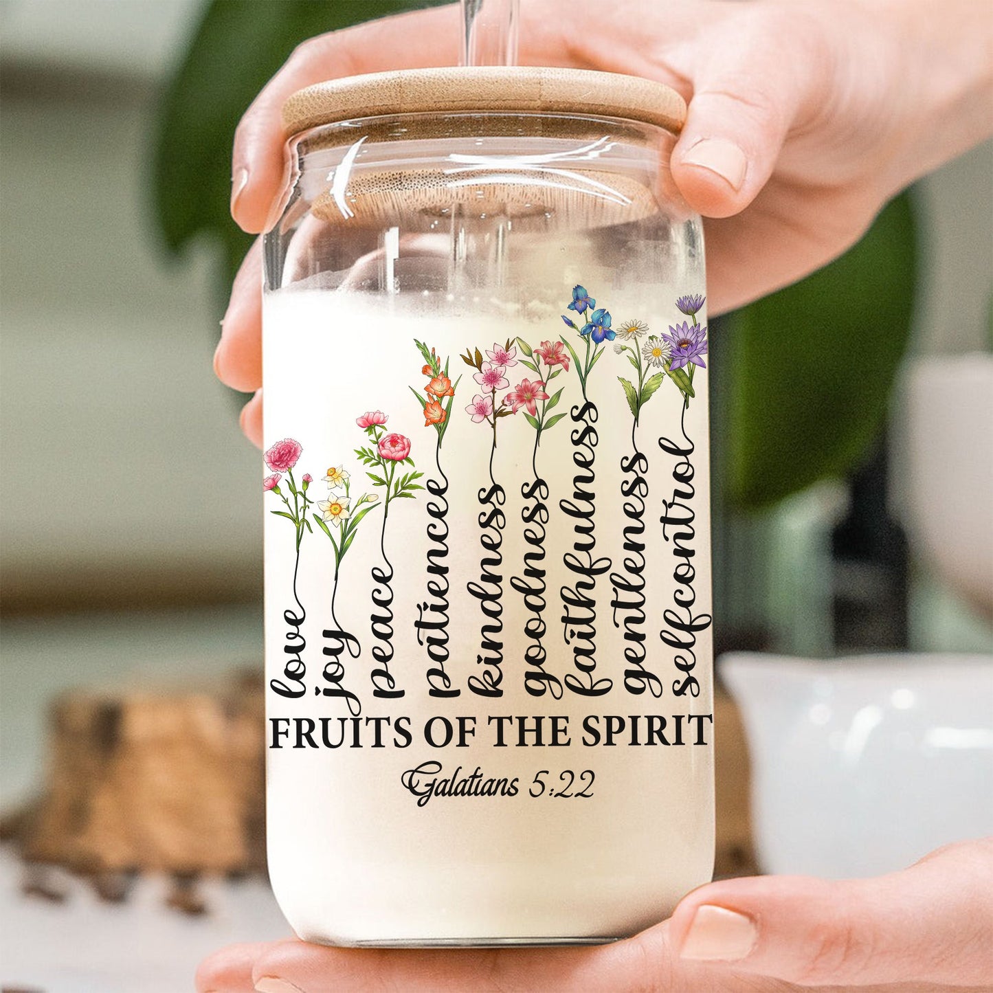 Personalized Family Birth Month Flowers, Fruit Of The Spirit Galatians 5:22-23 Tree Clear Glass Can