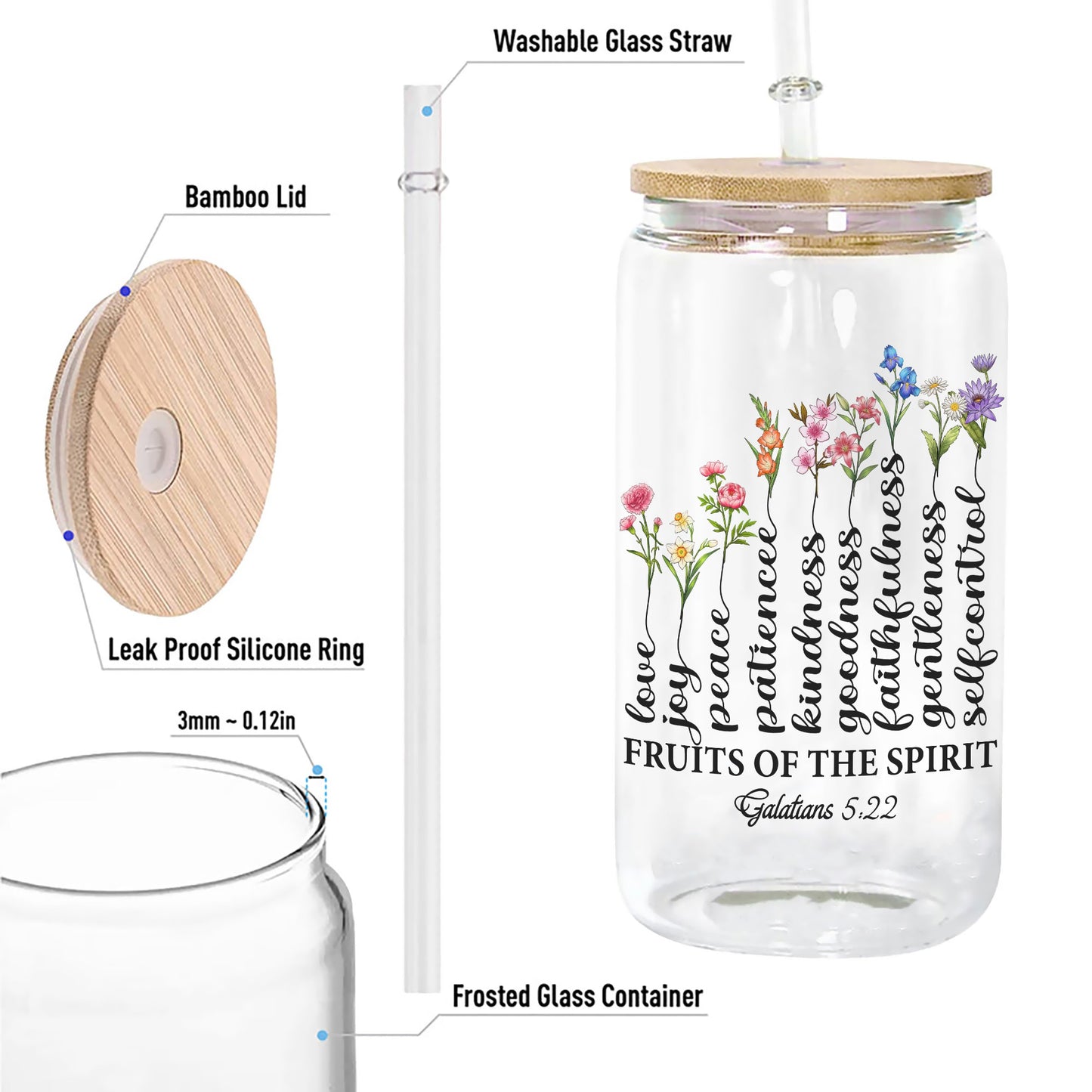 Personalized Family Birth Month Flowers, Fruit Of The Spirit Galatians 5:22-23 Tree Clear Glass Can