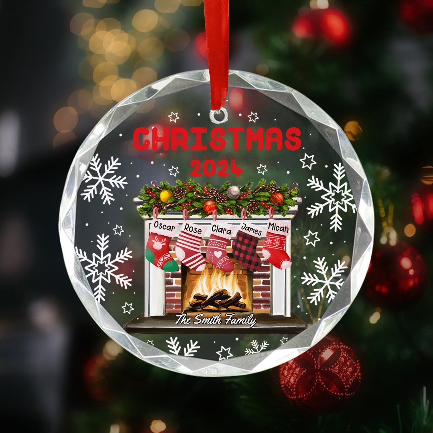 Personalized Family Christmas Fireplace The Smith Family Glass Ornament