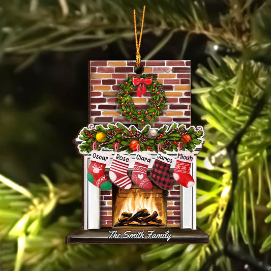 Personalized Family Fireplace Christmas, Custom Family Stocking 2-Layer Wooden Ornament