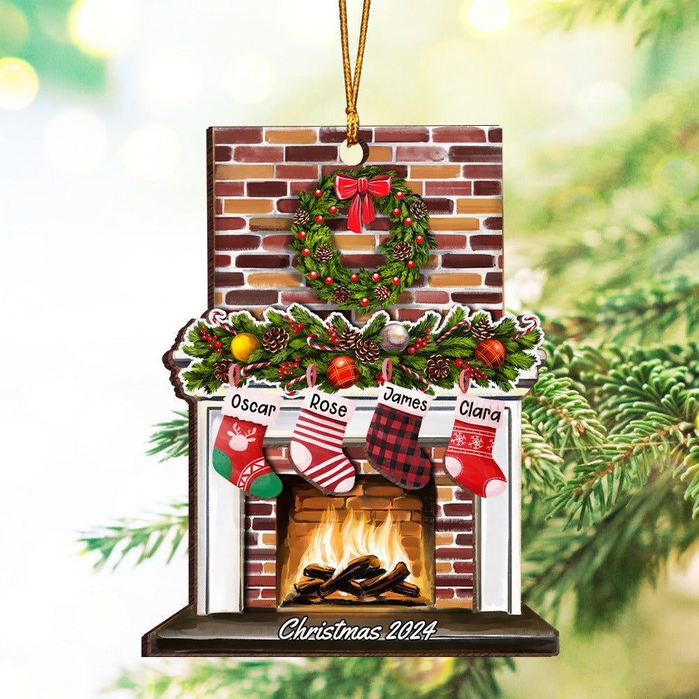 Personalized Family Fireplace Christmas, Custom Family Stocking 2-Layer Wooden Ornament