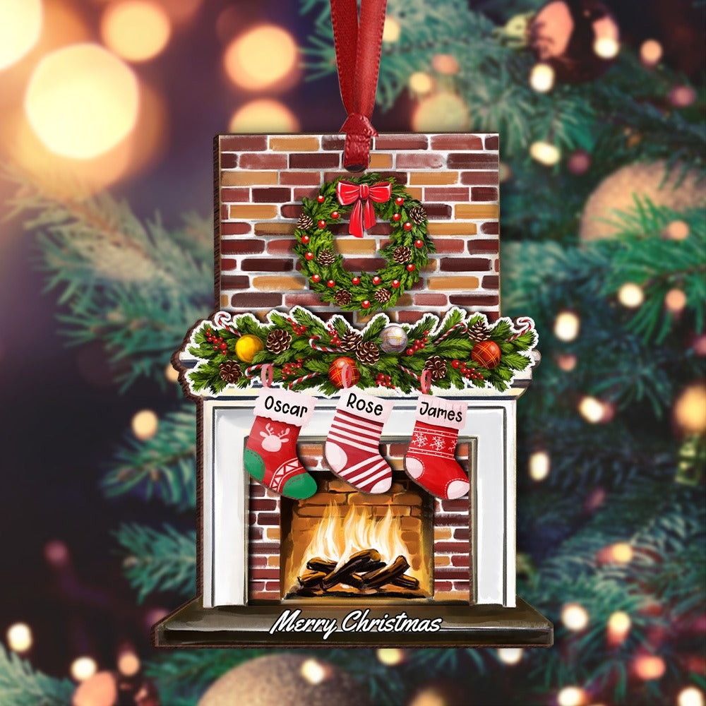 Personalized Family Fireplace Christmas, Custom Family Stocking 2-Layer Wooden Ornament