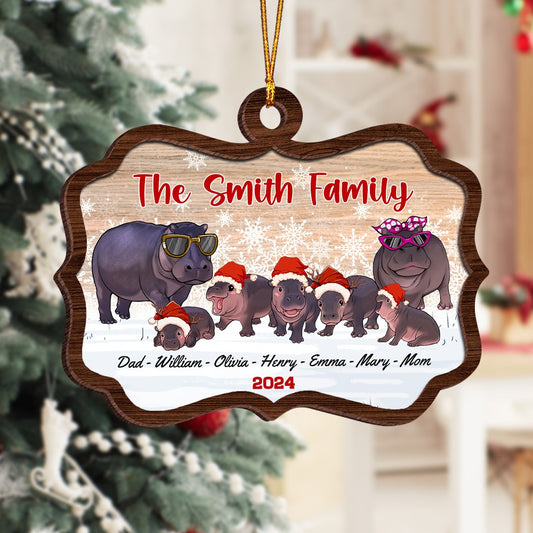 Personalized Family Hippo Christmas, Family Ornament for Hippo Lovers 2-Layer Wooden Ornament