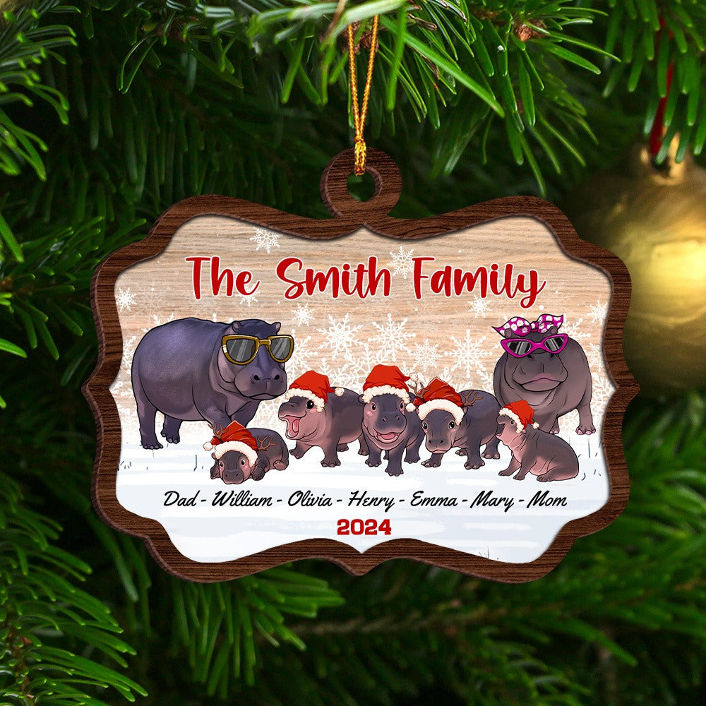Personalized Family Hippo Christmas, Family Ornament for Hippo Lovers 2-Layer Wooden Ornament