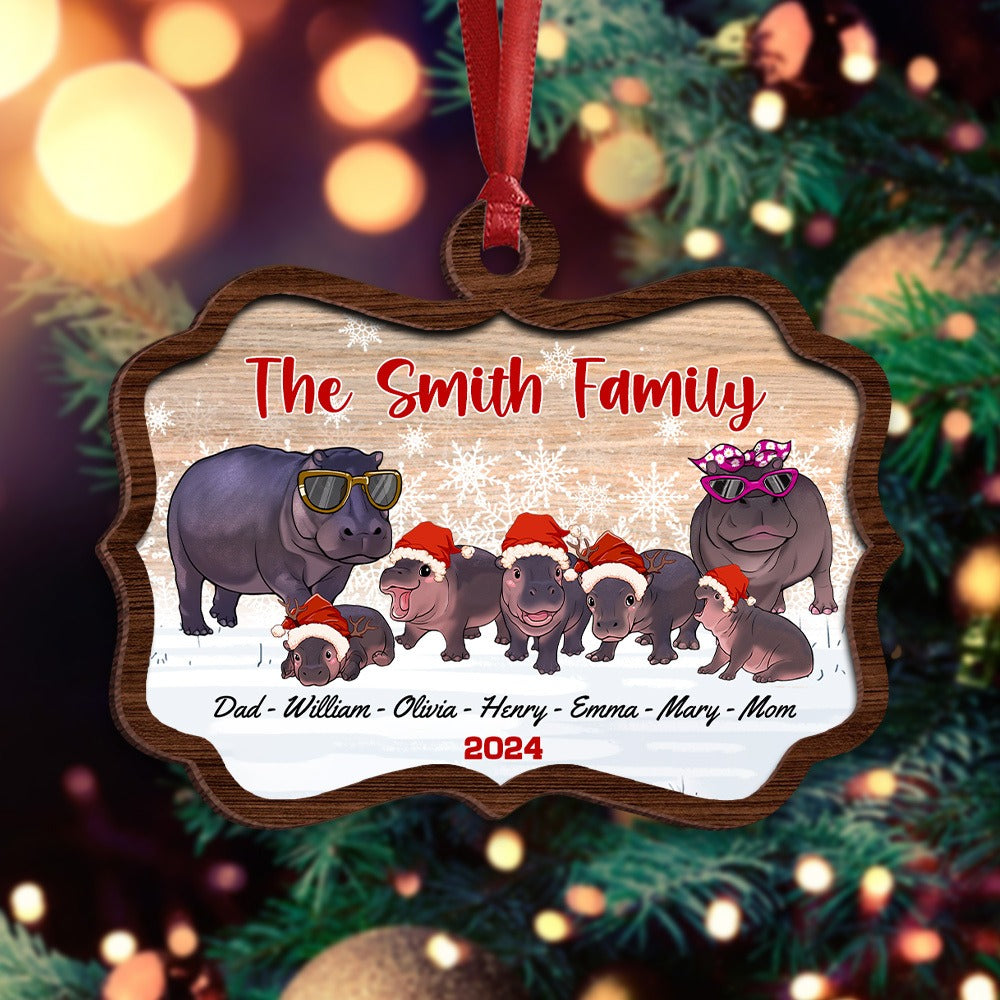 Personalized Family Hippo Christmas, Family Ornament for Hippo Lovers 2-Layer Wooden Ornament