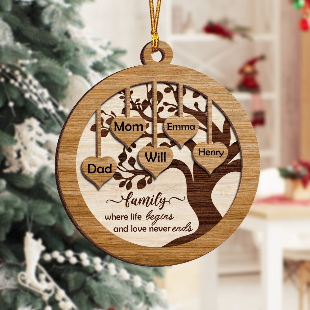 Personalized Family Tree, Family Where Life Begins and Never Ends 2-Layer Wooden Ornament