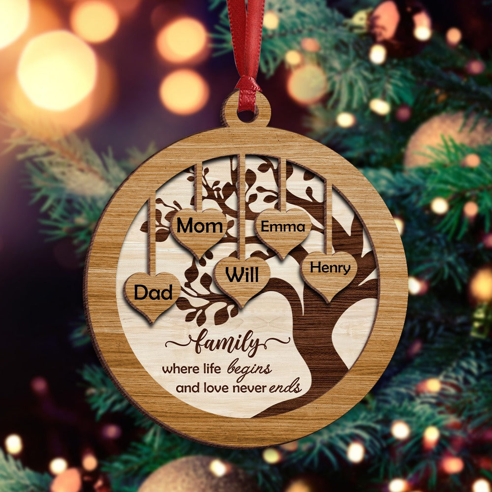 Personalized Family Tree, Family Where Life Begins and Never Ends 2-Layer Wooden Ornament