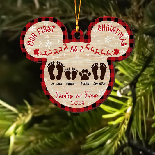 Personalized First Christmas As A Family Of Footprints Wooden Ornament