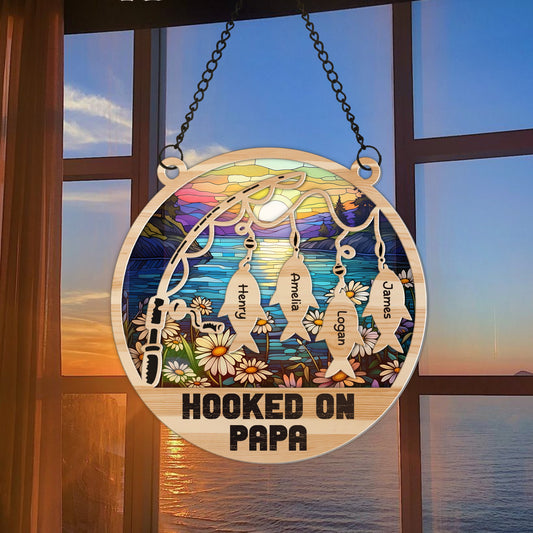 Personalized Fishing Dad Hooked on Daddy Hanging Suncatcher Ornament