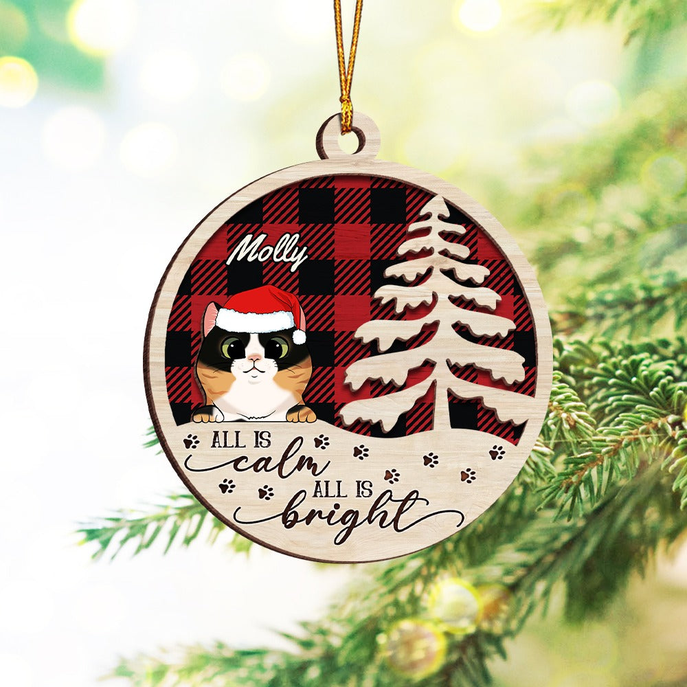 Personalized Funny Cat Christmas All Is Calm All Is Bright 2-Layer Wooden Ornament