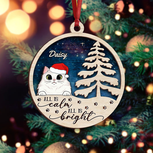 Personalized Funny Cat Christmas All Is Calm All Is Bright 2-Layer Wooden Ornament