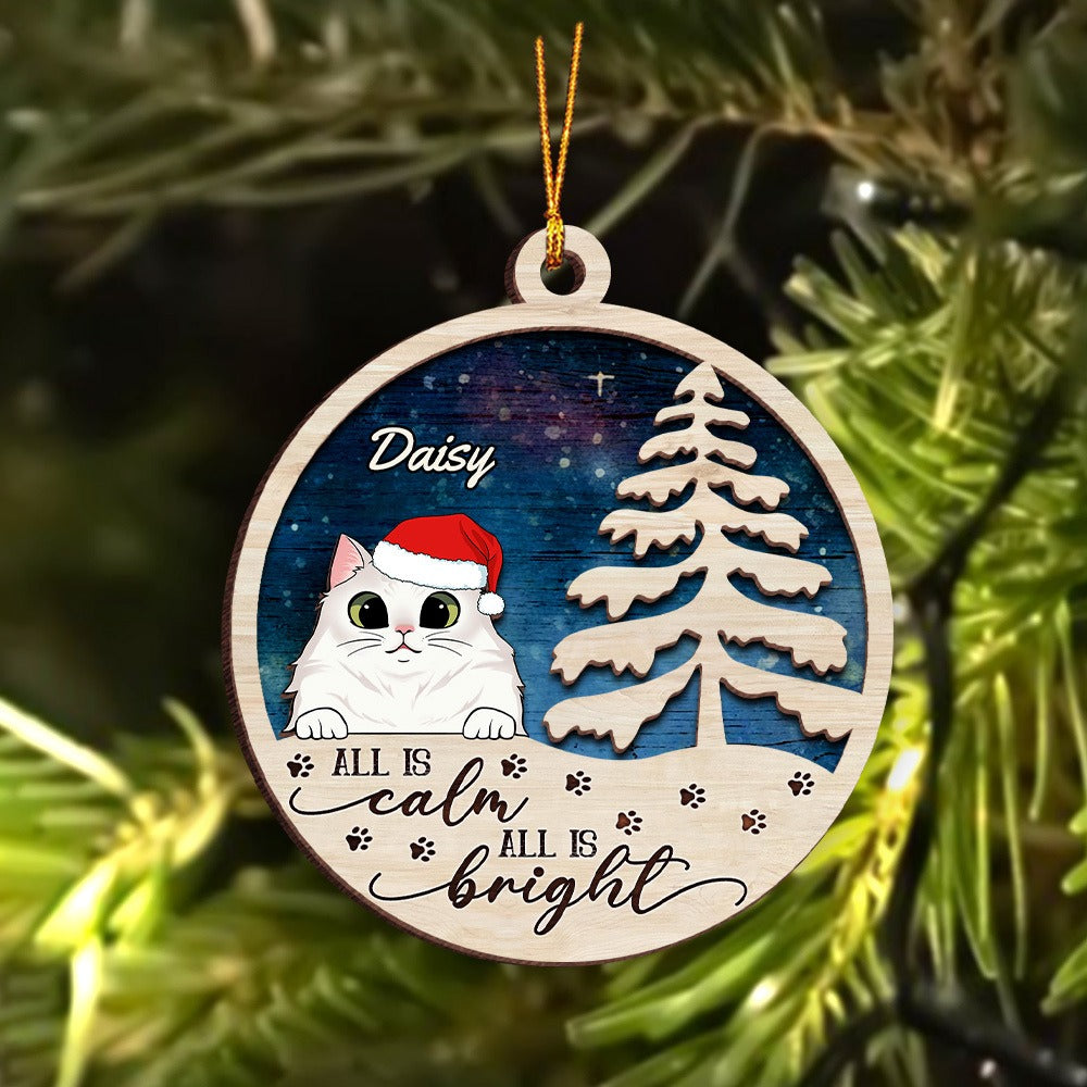 Personalized Funny Cat Christmas All Is Calm All Is Bright 2-Layer Wooden Ornament