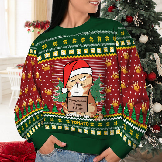 Personalized Funny Cat Christmas Sweater, Christmas Tree Kille Ugly Sweatshirt