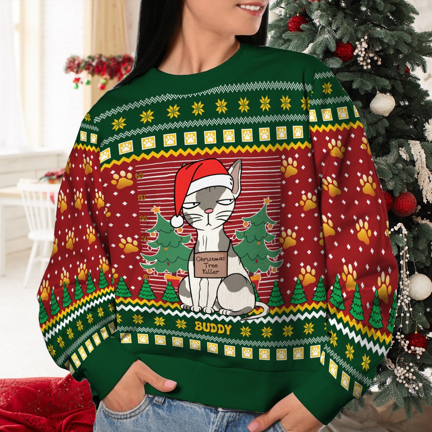 Personalized Funny Cat Christmas Sweater, Christmas Tree Kille Ugly Sweatshirt