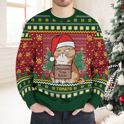 Personalized Funny Cat Christmas Sweater, Christmas Tree Kille Ugly Sweatshirt