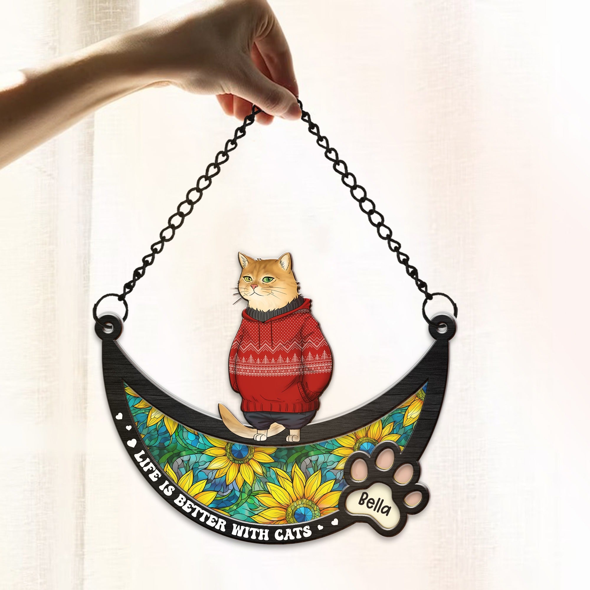 Personalized Funny Cat Life Is Better With Cats Hanging Suncatcher Ornament