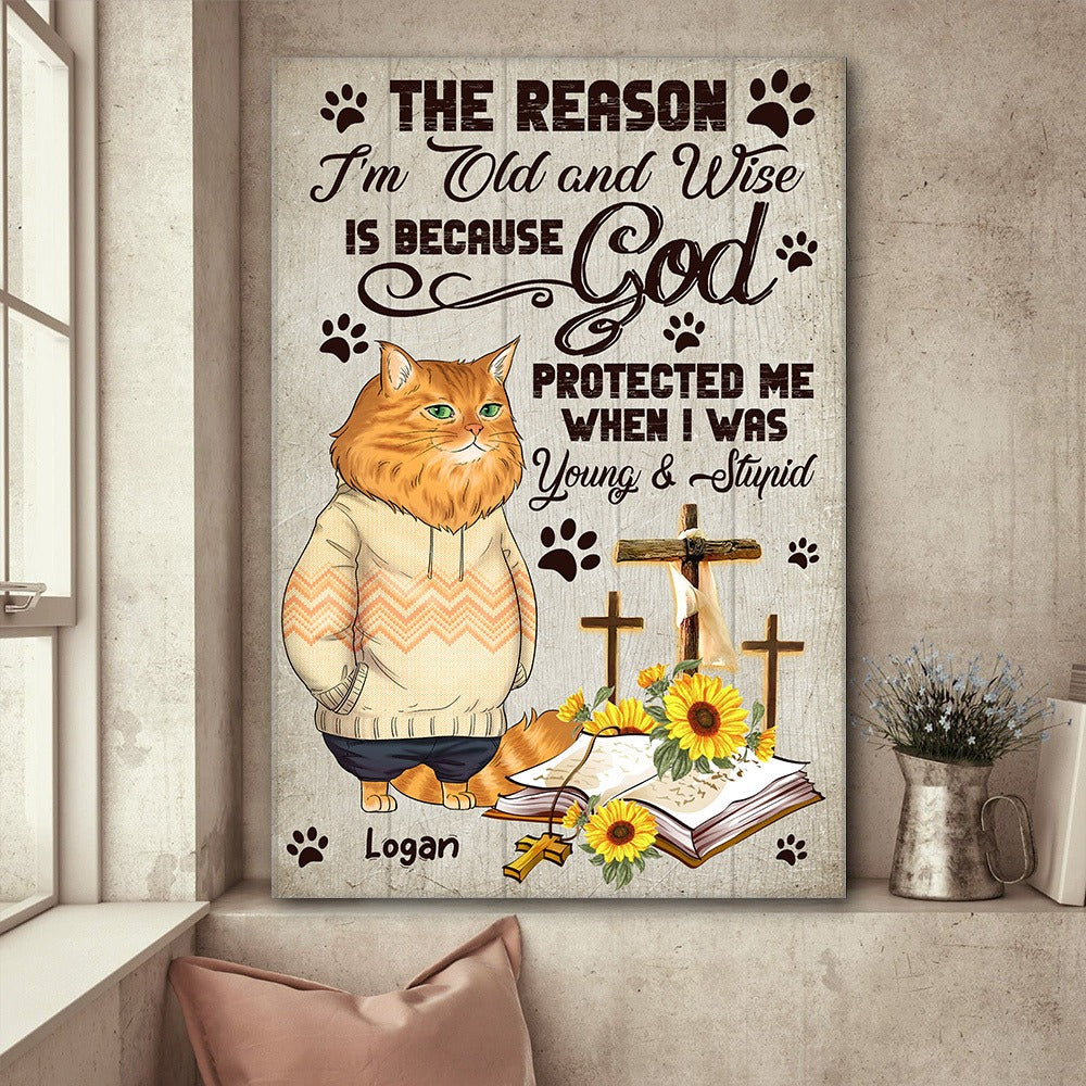 Personalized Funny Cat The Reason I Am Old And Wise Because God Protected Me Poster Canvas