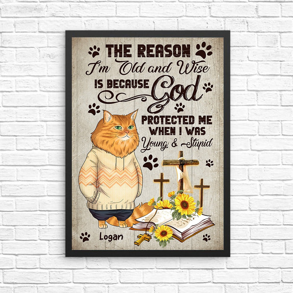 Personalized Funny Cat The Reason I Am Old And Wise Because God Protected Me Poster Canvas