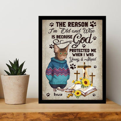 Personalized Funny Cat The Reason I Am Old And Wise Because God Protected Me Poster Canvas