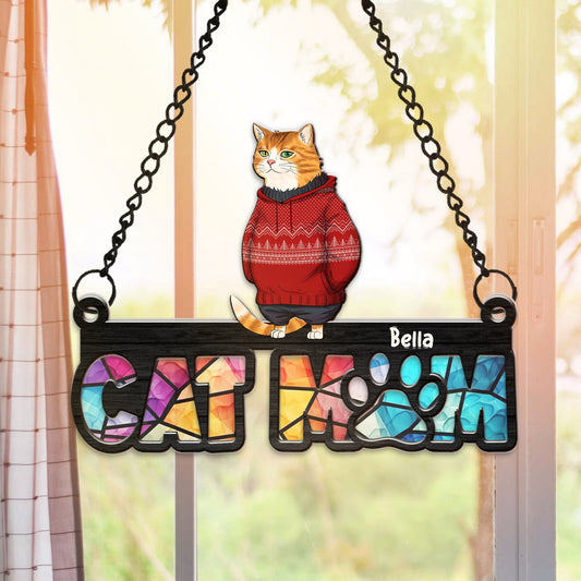 Personalized Funny Cat, Custom Cat Mom Hanging Suncatcher Ornament