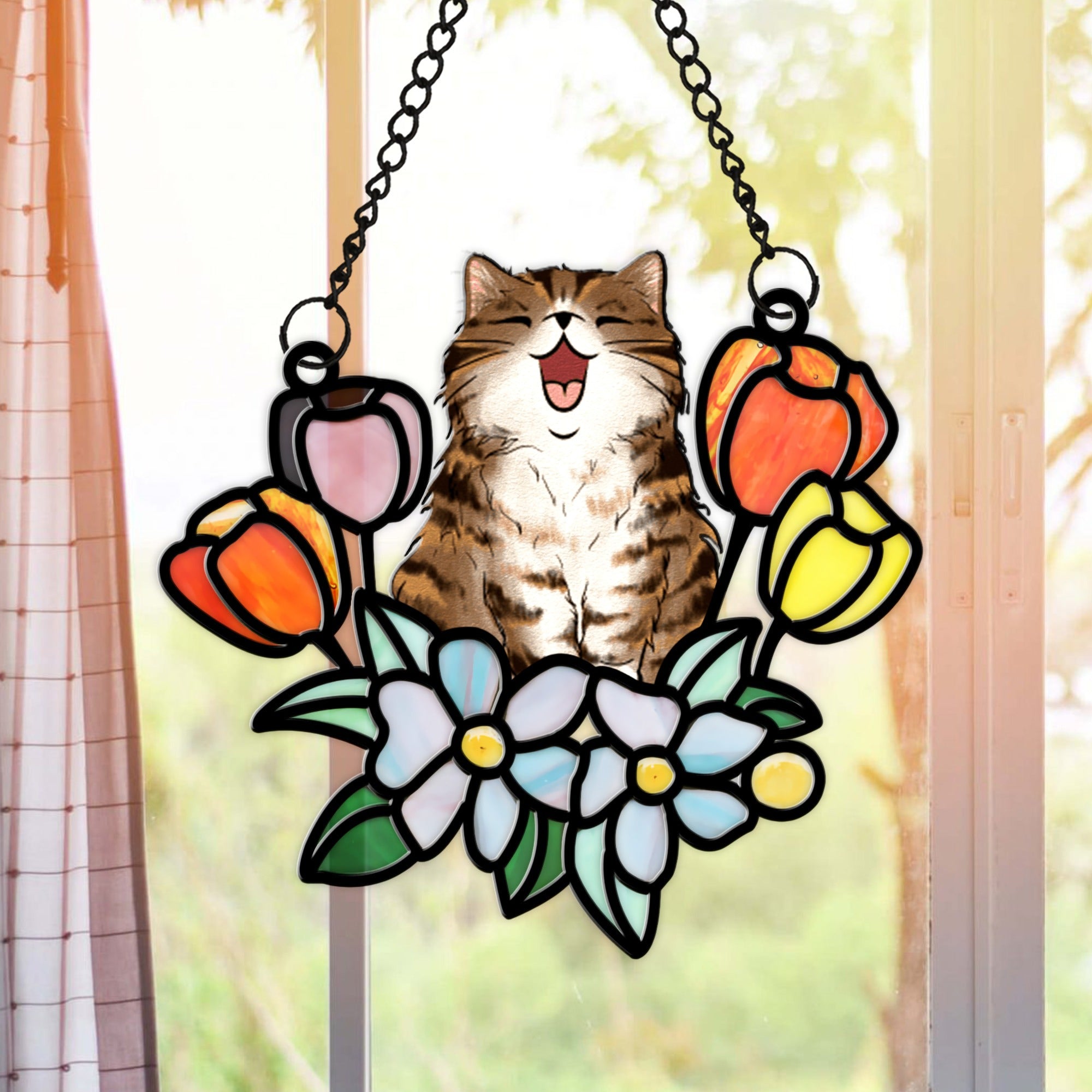 Personalized Funny Cat in Tulip Flowers Hanging Suncatcher Ornament