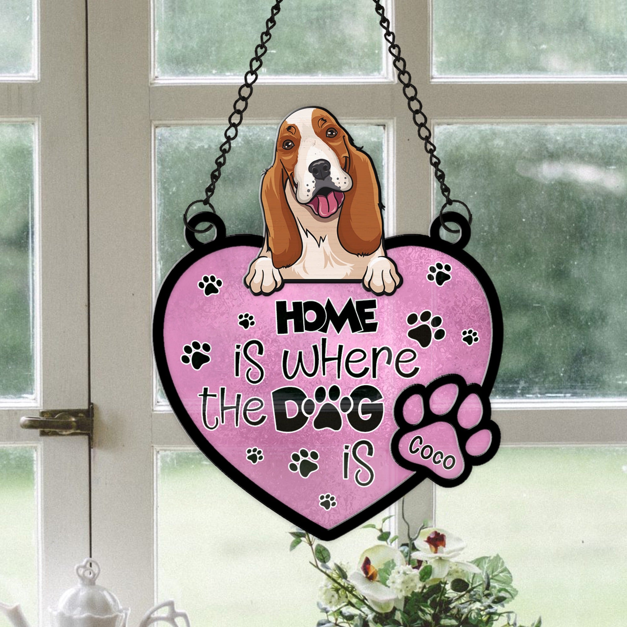 Personalized Funny Dog Home Is Where The Dog Is Hanging Suncatcher Ornament