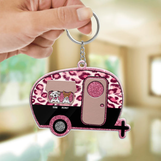 Personlized Funny Dogs Leopard Camper Keychain, Dog Lover's Camping Keychain