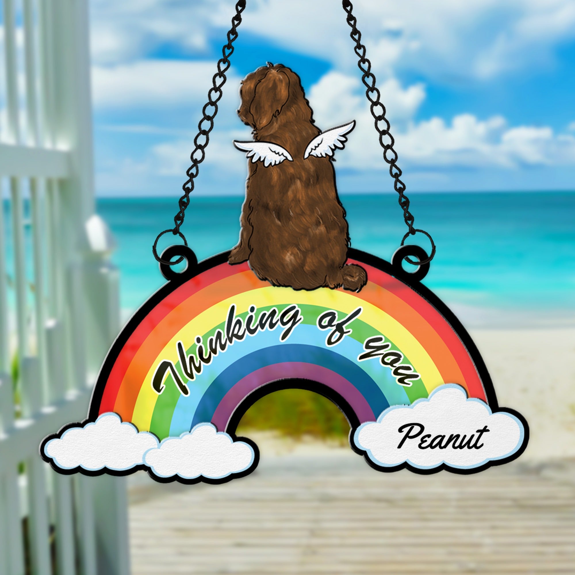 Personalized Funny Dog With Rainbow Bridge Thinking Of You Hanging Suncatcher Ornament